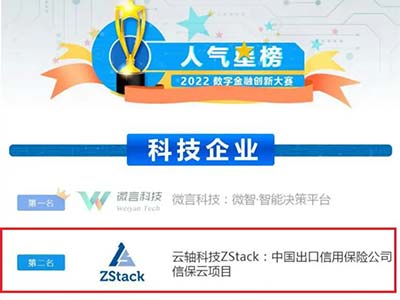 “人气星榜”第2名 ZStack“中国信保云项目”获奖啦