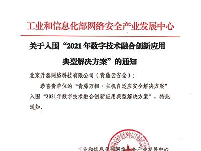 青藤入选工信部网安中心“2021年数字技术融合创新应用典型解决方案”